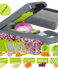All In One Vegetable Chopper And Mandoline Slicer Set 14 In 1 With Strainer Basket And 10 Sharp Blades shown with diced onions.