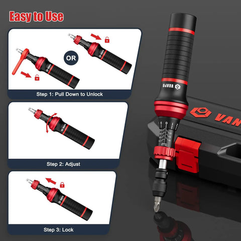 Pro Grade Torque Screwdriver Set 24 Piece Inch Pound Kit with steps for unlocking, adjusting, and locking, shown with case.