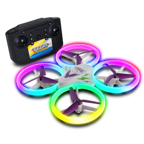 LightHawk 2.4GHz RC Quadcopter Drone With Altitude Hold Daring Stunts Obstacle Avoidance LED Light Show next to remote control