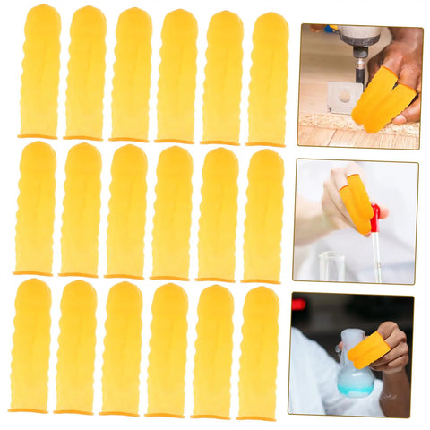 100 Pack Latex Protective Finger Sleeves Shield Your Digits From Daily Wear While Delivering Sick Grip And Breathable Comfort For Heavy Gaming Or Daily Grind Tasks in yellow with images of use.