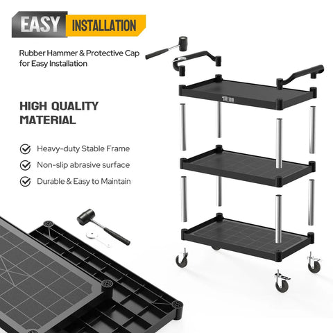 Heavy Duty Three Tier Plastic Utility Cart With Wheels, Beast Of A Cart Capable Of 450 Lbs, shown with rubber hammer for assembly.