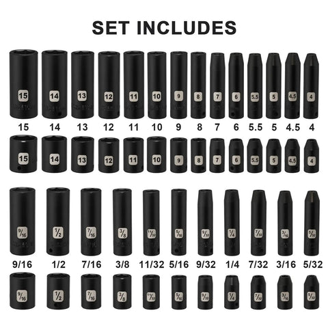 50 Piece 1 Quarter Inch Drive Master Heavy Duty Impact Socket Set For SAE And Metric Deep And Shallow 6 Point CR-V Sockets