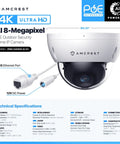 UltraHD 4K Outdoor PoE IP Dome Camera With 112 Degree View, 98ft Night Vision, 2.8mm Lens, Ethernet & DC Power Ports