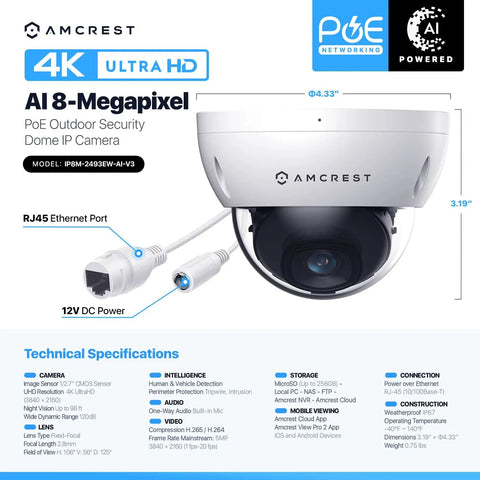 UltraHD 4K Outdoor PoE IP Dome Camera With 112 Degree View, 98ft Night Vision, 2.8mm Lens, Ethernet & DC Power Ports