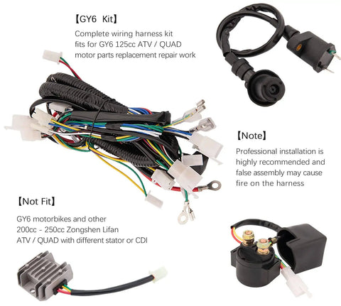 All In One GY6 Wiring Harness Kit For 50Cc To 125Cc Engines With Stator Coil CDI Ignition Coil For ATV Dirt Bike Moped Quad Go Kart Scooter Electrical System components displayed including wires, connectors, and ignition coil.
