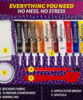 Leather And Vinyl Repair Kit For Tears Holes Scratches And Peeling On Furniture Car Seats And Jackets With Easy Application And Custom Color Matching set including repair compounds, fabric, and tools
