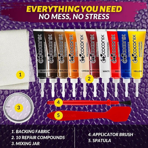 Leather And Vinyl Repair Kit For Tears Holes Scratches And Peeling On Furniture Car Seats And Jackets With Easy Application And Custom Color Matching set including repair compounds, fabric, and tools