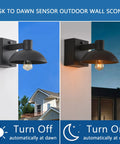 Dusk To Dawn Outdoor Wall Sconce With GFCI Outlet No Fuss Black Exterior Barn Light, shown turning off at dawn, on at dusk.