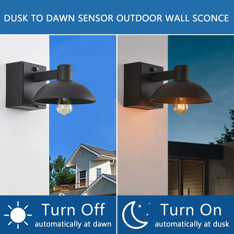 Dusk To Dawn Outdoor Wall Sconce With GFCI Outlet No Fuss Black Exterior Barn Light, shown turning off at dawn, on at dusk.