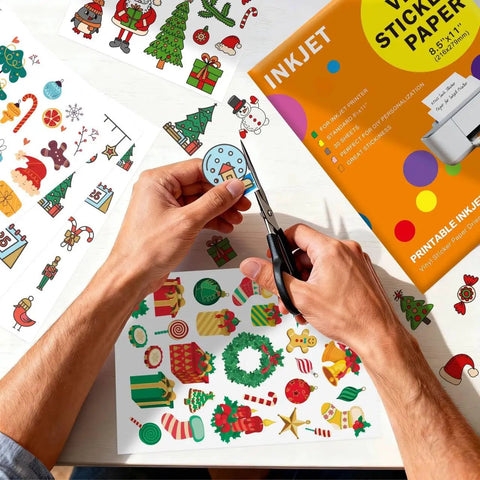 Person cutting festive designs from Pro Grade Clear Vinyl Sticker Paper 30 Sheets Printable Self Adhesive Label Sheets Letter Size 8X11 Inch.