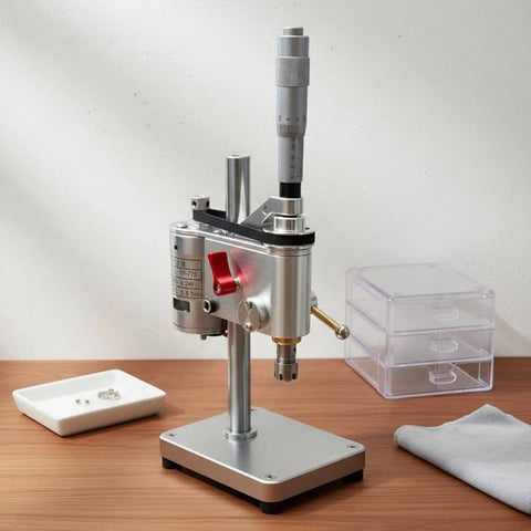 Compact Mini Bench Drill Press With Xy Vise For Model Making And Garage Work Lightweight Aluminum Alloy Steel Construction reduces vibration, showing a detailed view and accessories.
