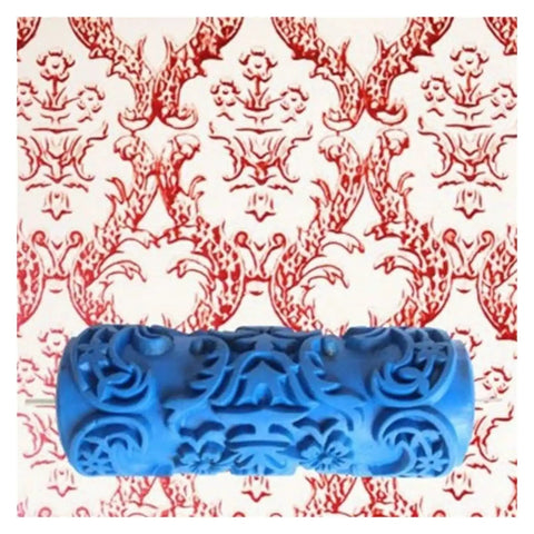 Top Tier 5 Inch Pattern Texture Paint Roller With Grippy Embossed Handle For Swift Diy Wall Murals And Slick Latex Coating That Covers Imperfections Like A Badass Champion against a red patterned wall.