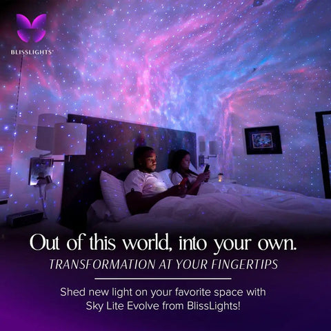 Couple relaxing under Galaxy Nebula Projector Light for Home Theater and Gaming Room with LED Starry Sky multicolor display