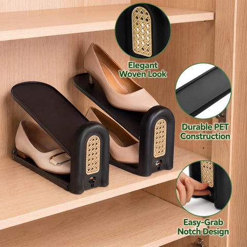 12 Pack Adjustable Shoe Slot Organizers, Double Layer Closet Stackers in black with elegant woven design, holding stylish heels.
