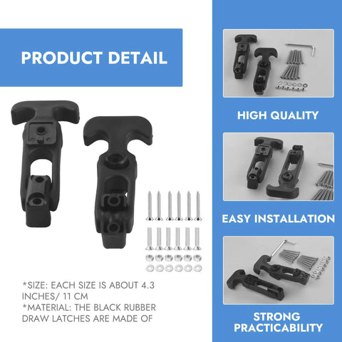Heavy Duty Rubber T Handle Draw Latch 2 Pack with mounting hardware, screws, and washers, shown in product detail view.