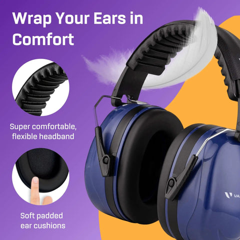 Over 35 dB Noise Reduction Hearing Protection Ear Muffs with padded cups and adjustable headband, marine blue, for adults and teens