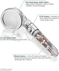EcoPower High Pressure Handheld Shower Head With On Off Switch And 3 Spray Settings showing mineral stones and features