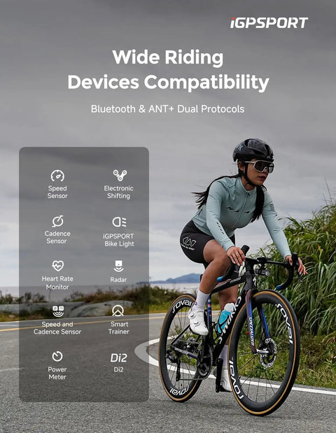 Cyclist on road using Route Nav GPS Bike Computer With 2.4 Inch Screen, Wireless Bluetooth ANT Plus, IPX7 Waterproof.