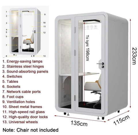 Mobile Office Pod Soundproof Work Booth Modular Privacy Cubicle Ultimate Quiet Refuge For Daily Grind showing dimensions and features.