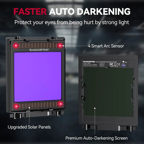 Auto Darkening Welding Helmet With 180 Degree Panoramic View And Side View True Color Large Viewing Hood Game Changer All In One Pro Grade 4 Arc Sensors Solar Powered Wide Shade 4 To 5 To 9 To 13 For TIG MIG Arc Cut showing smart arc sensors and upgraded solar panels.