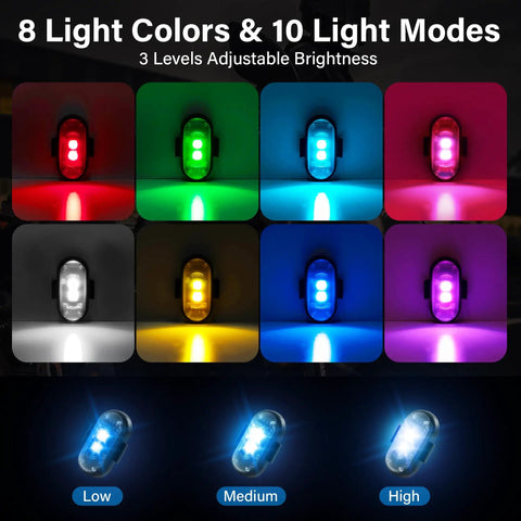 Eight Color Wireless LED Car Lights With Remote Control USB Rechargeable Strobe Kit showing 8 colors and brightness levels