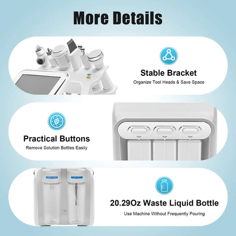 Close-up of 6 in 1 Hydrogen Oxygen Facial Machine showing bracket, buttons, and waste liquid bottle for deep cleansing.