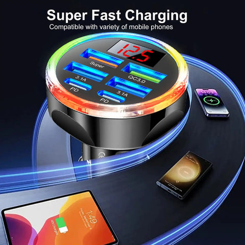 Hassle Free 6 In 1 Usb C Car Phone Charger With Real Time Volt Meter, 250W Multiport Cigarette Lighter Plug showing six ports and volt display.