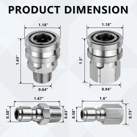 Senlinyu 3/8 in stainless steel pressure washer quick-connect kit with 4 adapters (NPT), dimension diagram.