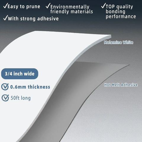 Diagram of pre glued white veneer edge banding roll, 3/4 inch wide by 50 feet, showing layers of melamine and adhesive.