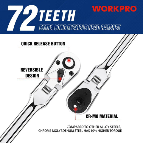 Extra Long Three Eighths Inch Drive Flex Head Ratchet With Eighteen Inch Reach Quick Release CR V Steel Handle CR MO Head
