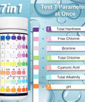 Affordable 7 Way Pool Test Strips Kit For Hot Tubs And Spas, 150 Strips with chart showing parameters and results