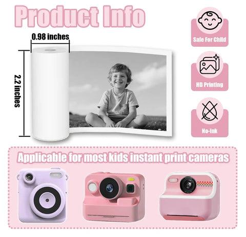 15 Rolls 57x25mm Mini Thermal Photo Paper Refill For Kids Cameras, BPA Free Instant Print Paper, Universal Fit For Most Kids Instant Photo Printers, Bright, Durable Prints And Endless Creative Fun. Roll size shown for kids instant cameras and printers.