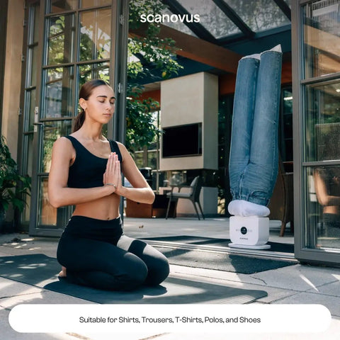 Automatic Ironing Machine 4.0 for Home Use with jeans drying outdoors, next to a woman doing yoga, hands-free wrinkle remover and clothes dryer.