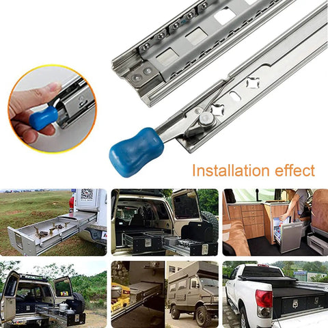 Heavy Duty Drawer Slides With Locking Full Extension Ball Bearing Runner Rails Side Mount installed in vehicles providing smooth load access.