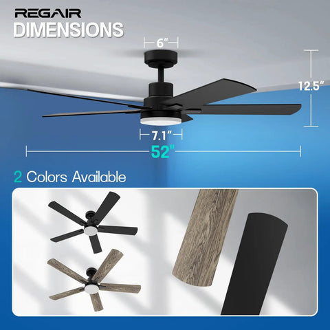 52 Inch Ceiling Fan With Light Remote Control Reversible DC Motor Noiseless 3 CCT Dimmable Timer Black blade dimensions