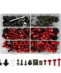 BMW S1000RR 2009–2021 253 Piece Motorcycle Bolt Kit With Washers Nuts Screws Assortment Red For Street And Track Use Beefy Fasteners Set Great For Daily Maintenance, Replacement Parts, And Tinkering On Your Ride At The Track Or Street. Red and black motorcycle bolt assortment in organizer tray