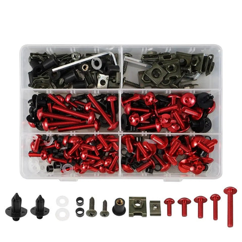 BMW S1000RR 2009–2021 253 Piece Motorcycle Bolt Kit With Washers Nuts Screws Assortment Red For Street And Track Use Beefy Fasteners Set Great For Daily Maintenance, Replacement Parts, And Tinkering On Your Ride At The Track Or Street. Red and black motorcycle bolt assortment in organizer tray