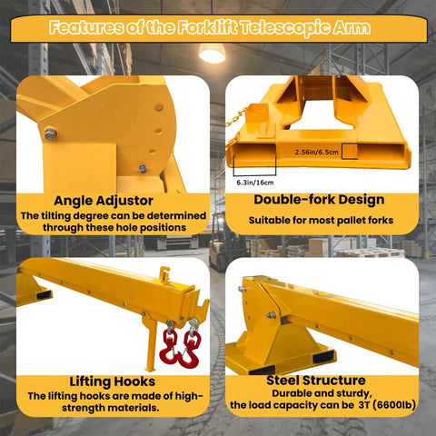 Features of Badass Job Site Beast 6600lb Forklift Mobile Crane with 12ft Telescopic Jib Boom, steel structure, lifting hooks.