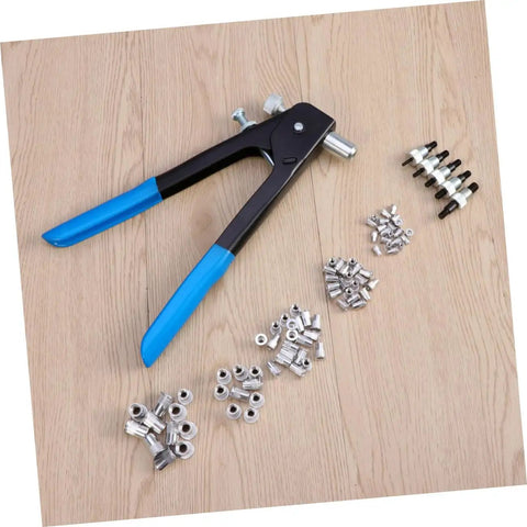 Dude Get This Heavy Duty Rivet Nut Tool Kit With 86 Pieces For Metal Work And Easy Blind Riveting That Makes Assembly Super Smooth And Totally Slayed For Any Serious Project, blue-handled tool with M5 M7 M8 nuts on wood