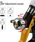 360° adjustable nozzle on HVLP mini spray gun with 0.8 mm nozzle and 125cc gravity feed cup for precise spraying.