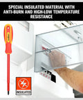Heavy Duty Six Piece Insulated Screwdriver Set With Sure Grip Magnetic Tips And Certified 1000V Safety Crafted Badass From Chromium Steel With Comfy Rubber Handles, shown in use with a fuse box.