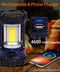 3200LM Camping Lantern with 4600mAh phone charger showcasing USB and type-C ports, lantern glowing in camping scene.