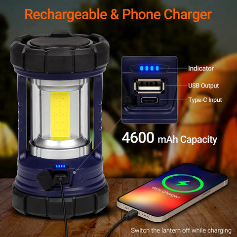 3200LM Camping Lantern with 4600mAh phone charger showcasing USB and type-C ports, lantern glowing in camping scene.