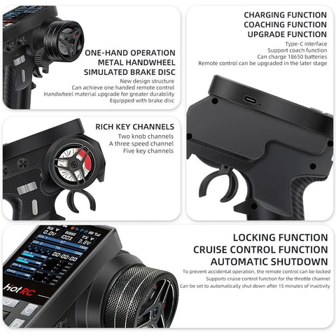 Close-up of Ten Channel Two Point Four Gigahertz FHSS RC Transmitter And Receiver with Metal Handwheel features and controls