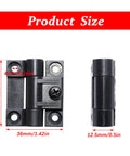 Product size diagram for Torque Adjustable Position Control Door Hinge Set 2 Pack With Four Countersunk Holes E6 10 301 20 Series Plastic Black.