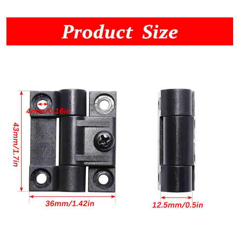 Product size diagram for Torque Adjustable Position Control Door Hinge Set 2 Pack With Four Countersunk Holes E6 10 301 20 Series Plastic Black.