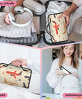 Person packing suitcase with Airplane Style Hanging Roll Up Cosmetic Bag With Four Removable Pouches Waterproof Foldable Organizer.