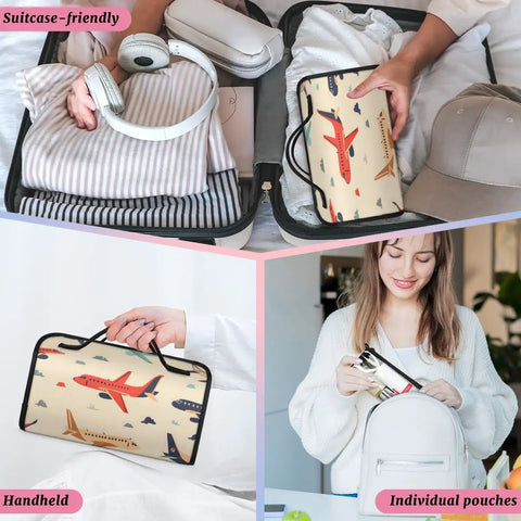Person packing suitcase with Airplane Style Hanging Roll Up Cosmetic Bag With Four Removable Pouches Waterproof Foldable Organizer.