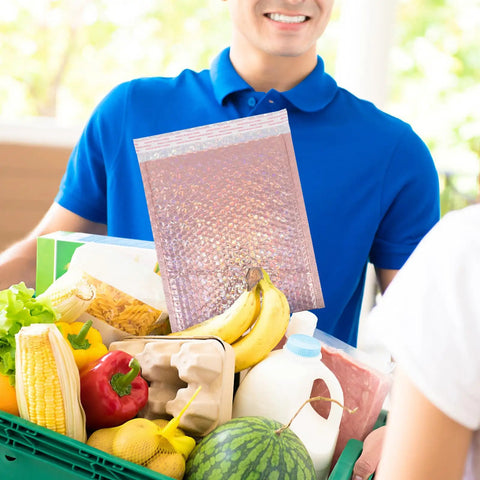 Delivery person holding groceries with Rose Pink Holographic Padded Mailers 25x30cm Self Seal Waterproof Shipping Bags visible on top