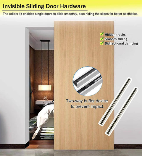 Smooth Trackless Ghost Sliding Door Hardware Kit Soft Close Pocket Door System for modern home with invisible sliding rail for wood doors.